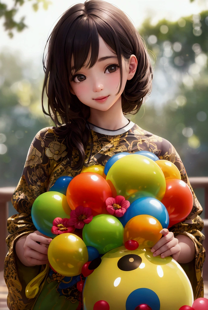 Girl at the zoo, Lots of balloons, Happy, Happy, Perfect quality, Clear focus (Messy house: 0.8), (masterpiece: 1.2) (Realistic: 1.2) (Bokeh) (Highest quality) (Detailed skin: 1.3) (Intricate details) (8k) (Detail Eyes) (Sharp focus), (Happy)