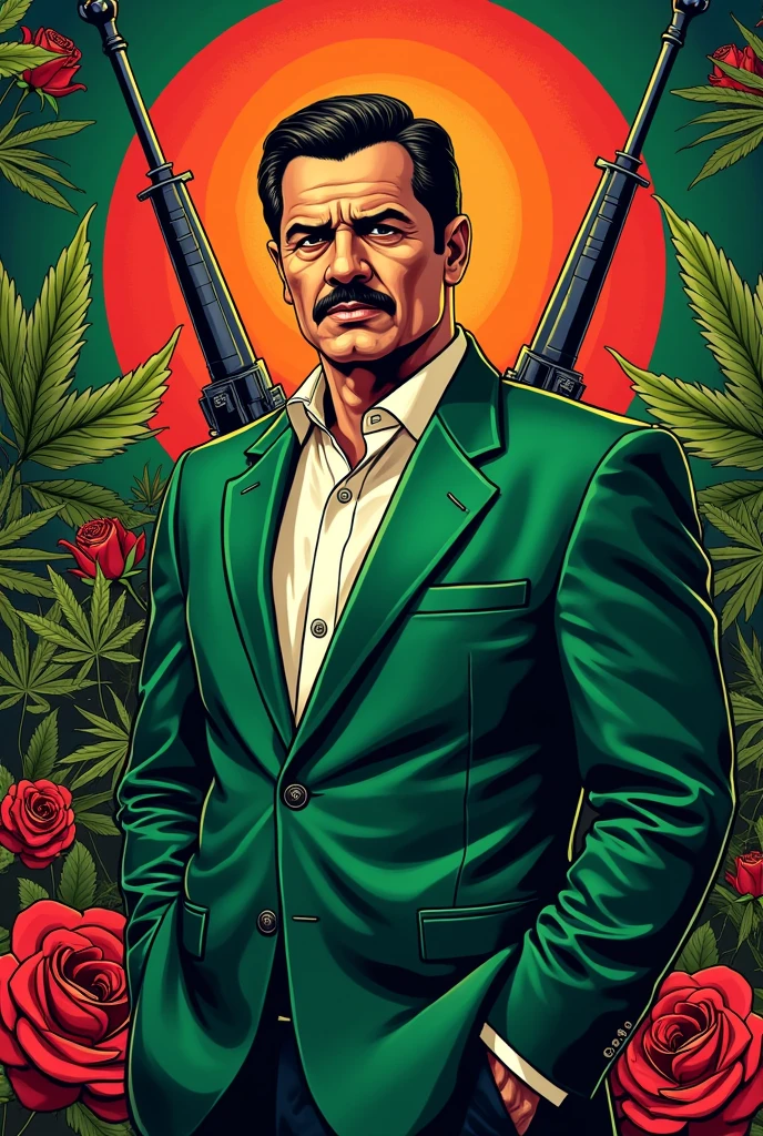 Holy in the Mexican style Jesus Malverde, holy mexican mafia, green suit, mustache and white button-down shirt, lord of marijuana and drug trafficking , print for shirt, vectorial , contrasting colours, no beard just mustache, shorth hair, red rose and weapons , cartel, marijuana leaf, intimidating man, 40 year old, rich year 80