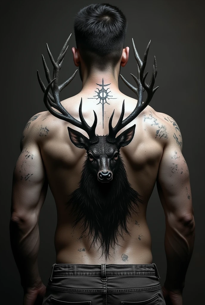 Full back tattoo. wendigo symbolisms, deer antlers, ink, tattoo, scar