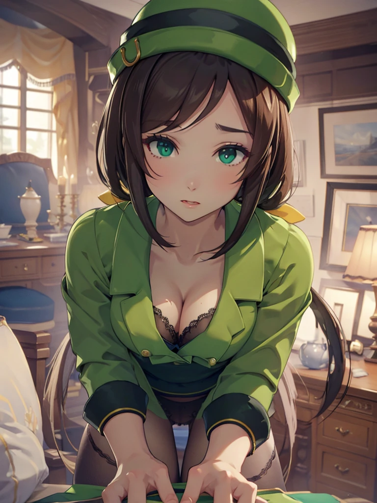 (​masterpiece、top-quality、hight resolution、Unity 8k、extremely details CG:1,Best Picture), hayakawa tazuna, low ponytail, green headwear, green jacket, pantyhose, Emphasis on cleavage, "A porn star leaning forward, captured from the front view, with her body slightly bent at the waist. Her facial expression is a mix of seduction and playfulness, making eye contact with the viewer.  The focus is on her upper body and face, highlighting the teasing posture.", ((open jacket, Visible bras)), her expression full of lust. Her eyes are half-lidded and slightly glazed, with a moist and glossy look. 