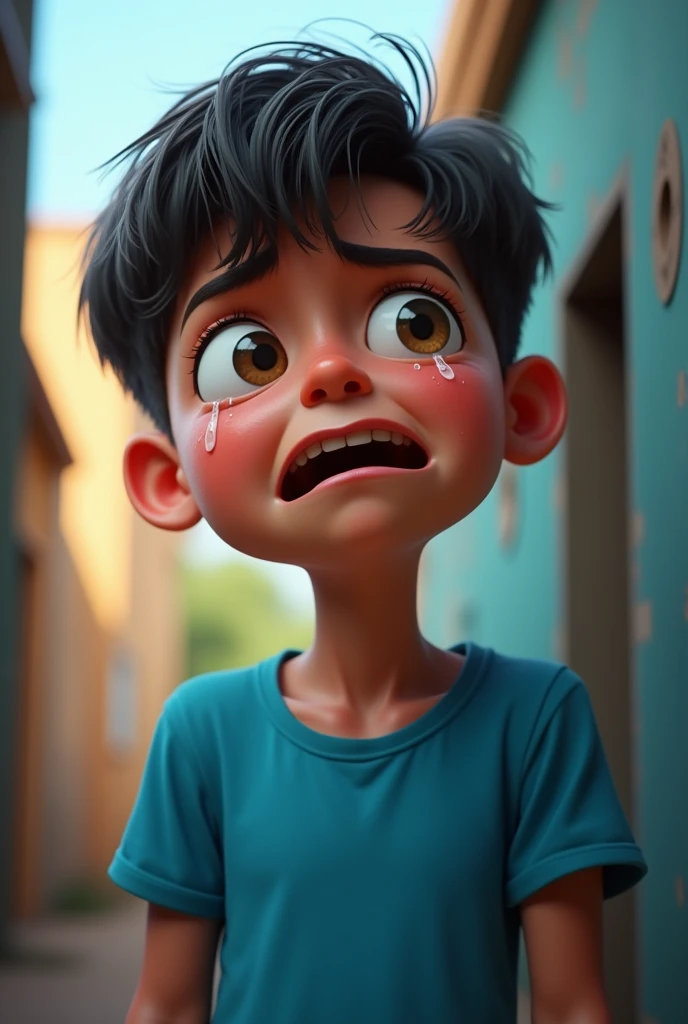 A boy wear blue tshirt cying a lot 3d cartoon full image