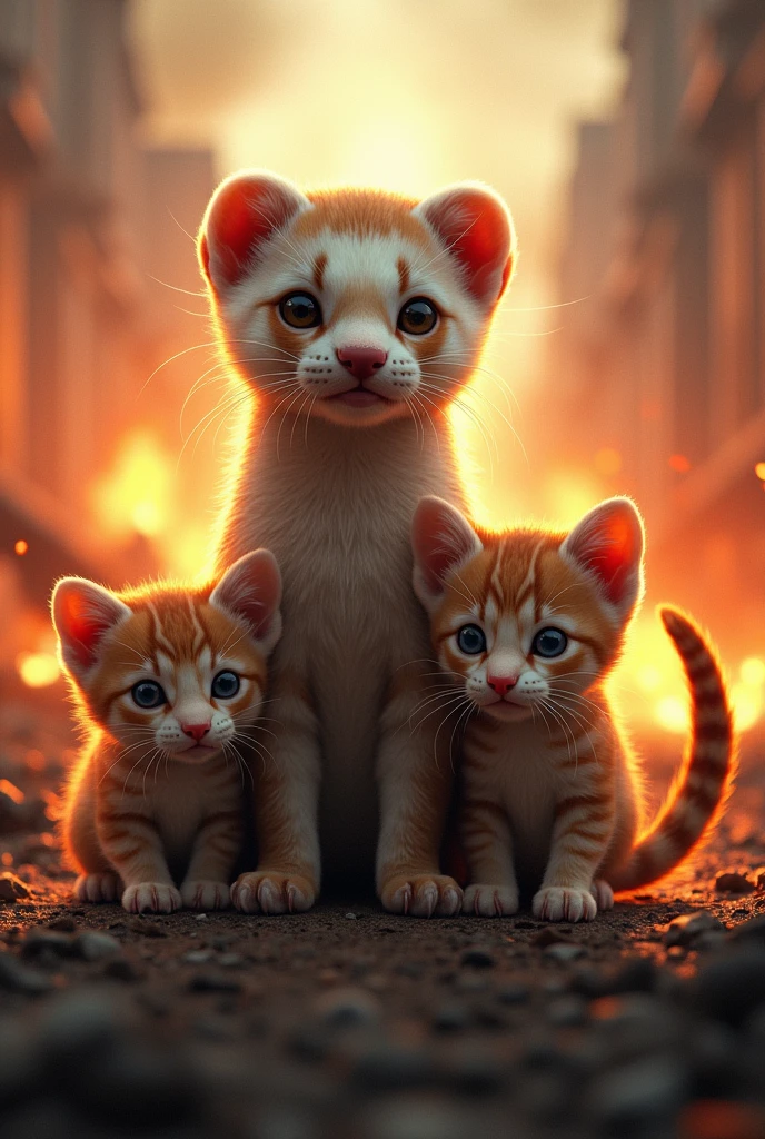 A ferret with two kittens next to it showing their paws and behind them there is fire and gunfire around it