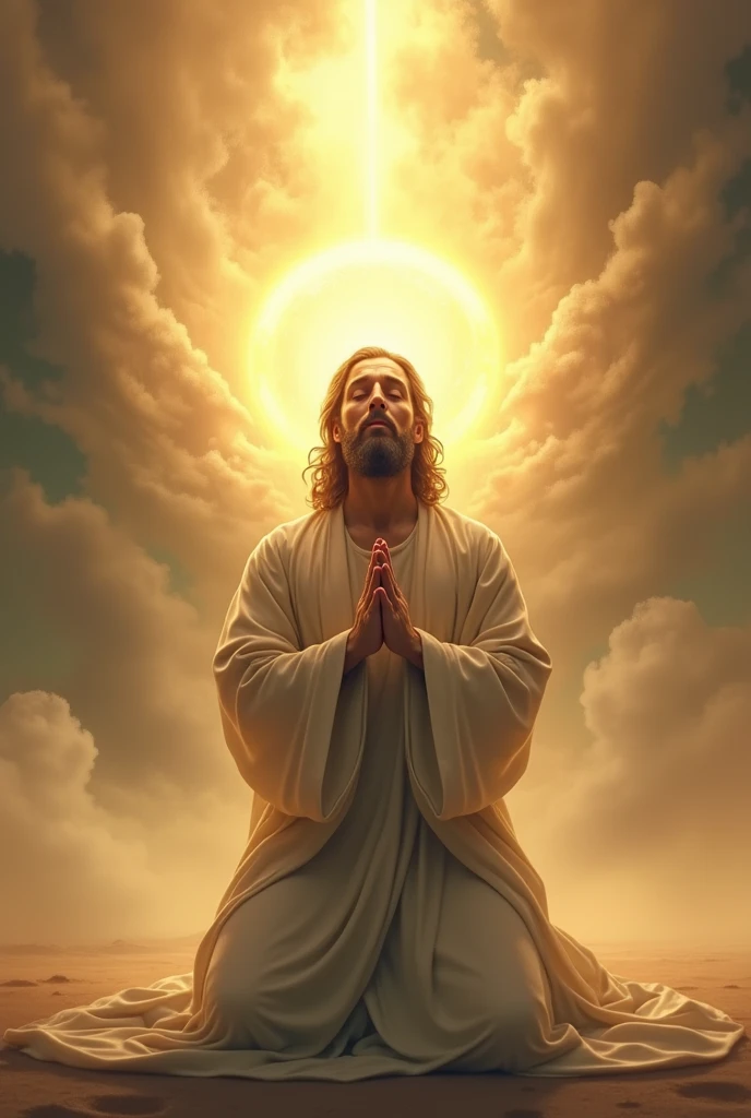 Lifelike depiction of a prophet kneeling in deep prayer, bathed in warm, golden light, creating a halo effect around his head, set against a soft, abstract background with swirling clouds and ethereal light. The prophet wears traditional robes, his expression one of intense devotion and serenity, hands clasped together in reverence. The scene is painted in a realistic yet spiritual style, with warm, glowing tones, capturing the divine and serene atmosphere, high-resolution, ultra detailed, cinematic lighting, masterpiece quality, spiritual and ethereal vibe.