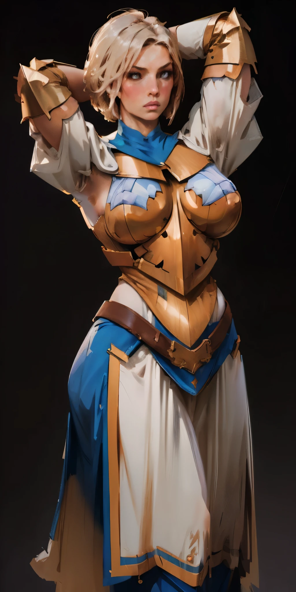 (black background) 1soloefemale, low angle, from below, paladin templar lady in white tabard, correct anatomy, epic fantasy digital art, tmasterpiece, 8k, high definition resolution, detailed drawing, superior quality, epic composition, female muscular body cover breastplate, muscular turned arms behind body