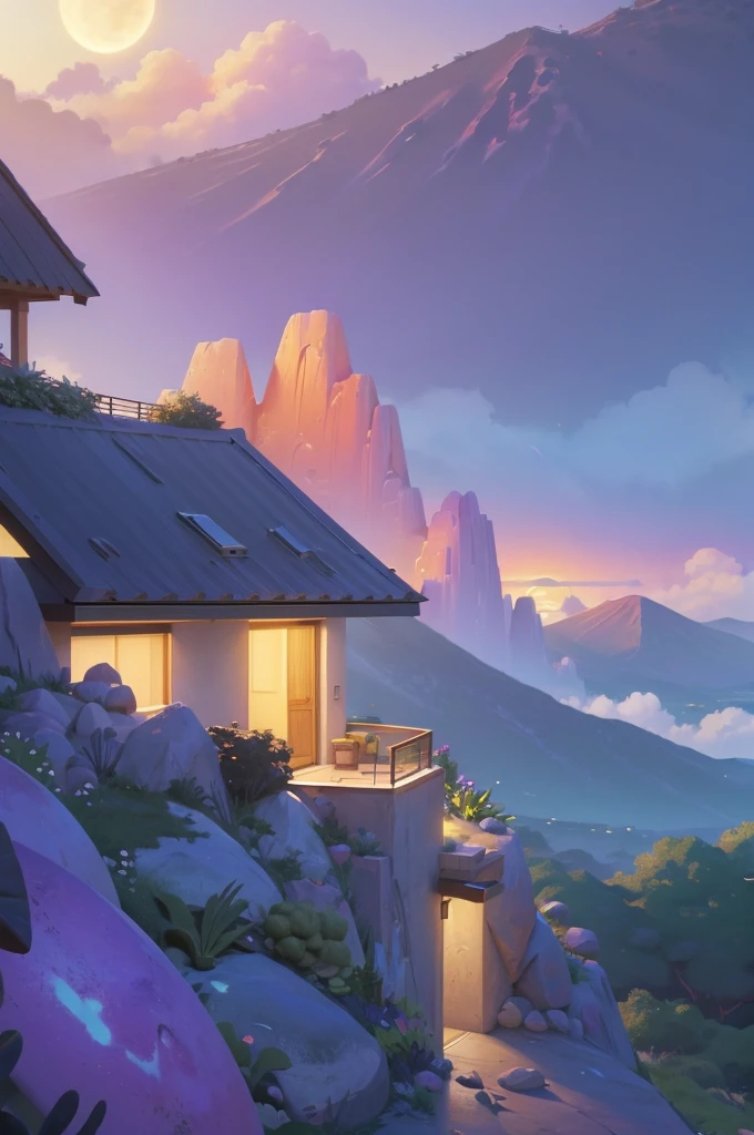 small and beautiful modern house in top of big boulders, terraces, pool, stairs, multiple cacti gardens, palms, trees, rocks, beautiful landscape design, mountains and volcano y background, amazing clouds, sun, moon, planets, milky way galaxy, concrete, wood, glass and steel materials, olive green, violet, orange and withe colors in facade