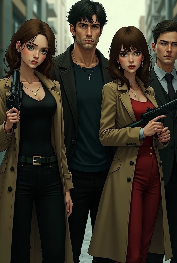A young woman dressed in black and a light brown trench coat with brown hair and green eyes holding a gun next to her brother in a suit with brown hair and green eyes holding a gun next to a tall man with black hair and green eyes and a woman with brown hair and brown eyes in a red dress and a light brown trench coat