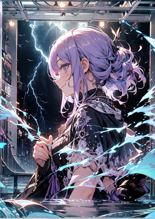 Cinema Lighting, Floating Hair, A kind smile, profile, lightning, Lightning strikes, Light purple hair, Purple tones.