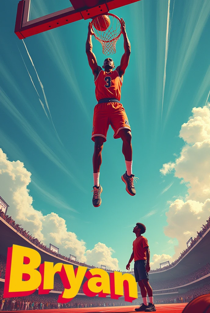 draw a picture of a 10-foot tall basketball player in the middle of a spectacular dunk, his hands extended above his head as he prepares to sink the ball into a basket with a hoop that is 12 feet high. The player is in mid-air, your legs bent, and the strength of the movement is evident in his muscles. Below him, there is a person who is 1.5 meters tall, looking up with an expression of astonishment and surprise. the name "bryan" is written in large, stylized letters along the bottom of the poster, perhaps in a vibrant font or in a color that contrasts with the background. The poster background is dynamic, with lines and shadows that emphasize the movement and height of the jump.