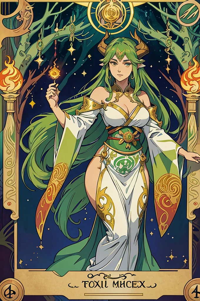Tarot cards, High Priestess, Goddess), art, Alphonse Mucha, symbolizing their desire for guidance. Ursala's gaze is both kind and assessing, conveying her strategic patience in granting her blessing for a successful hunt. a with green hair, praying, standing amidst flaming fox-shaped fireballs, Japanese-style dress, yokai , devil horns