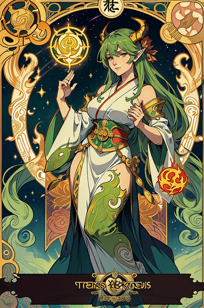 Tarot cards, High Priestess, Goddess), art, Alphonse Mucha, symbolizing their desire for guidance. Ursala's gaze is both kind and assessing, conveying her strategic patience in granting her blessing for a successful hunt. a  with green hair, praying, standing amidst flaming fox-shaped fireballs, Japanese-style dress, yokai , devil horns