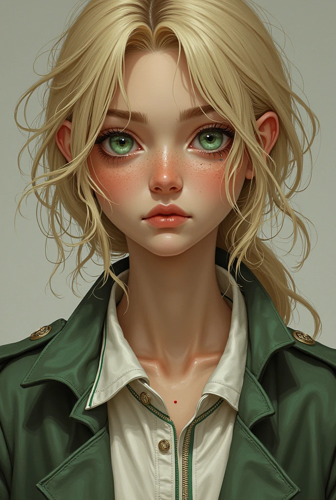 A girl who looks old wears , tennis , coat ,green eyes and blonde hair with freckles and a mole on her chin