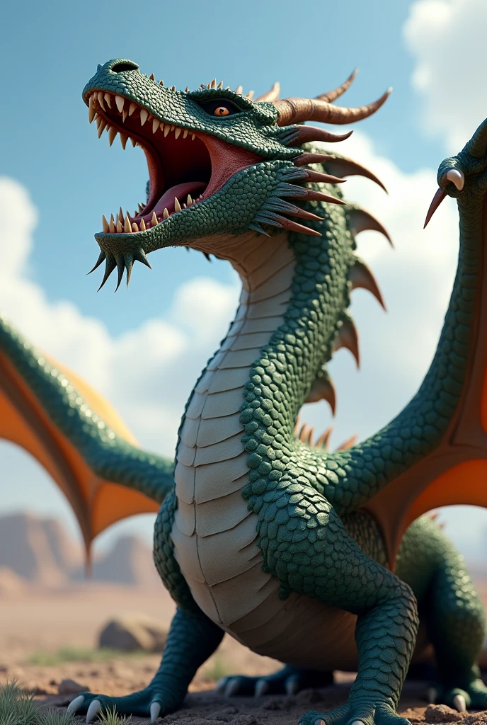 a dragon bust 3D animated, roars at the sky with his neck stretched out