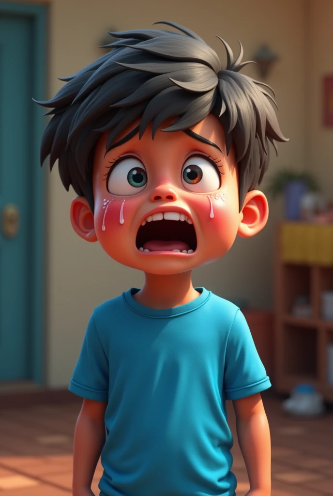 A boy wear blue tshirt cying a lot 3d cartoon full image