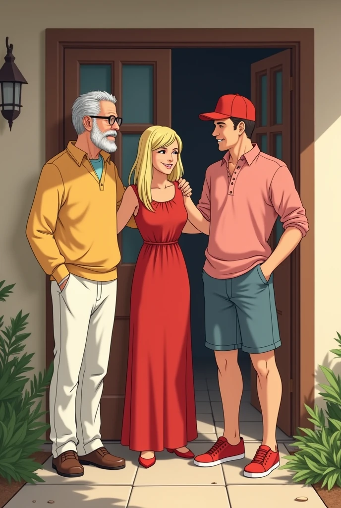 In a warm and inviting scene, Professor Petterson greets his parents at his modest monastic home. He is dressed in his usual yellow dress shirt and white pants, exuding a calm and friendly demeanor.

His mother, a young and attractive woman with Channel-length blonde hair, wears a striking red dress that enhances her elegance and vibrancy. Her confident, welcoming smile highlights her pride in her son. Accompanying her is her husband, a youthful man in a casual pink shirt, denim shorts, and red sneakers. His relaxed attire, paired with a red cap, adds a laid-back, comfortable touch to the visit.

The background of the scene features the simple, clean lines of Professor Petterson’s monastic abode, with its understated yet inviting interior. The lighting is soft and natural, reflecting the cozy and personal atmosphere of this family reunion.