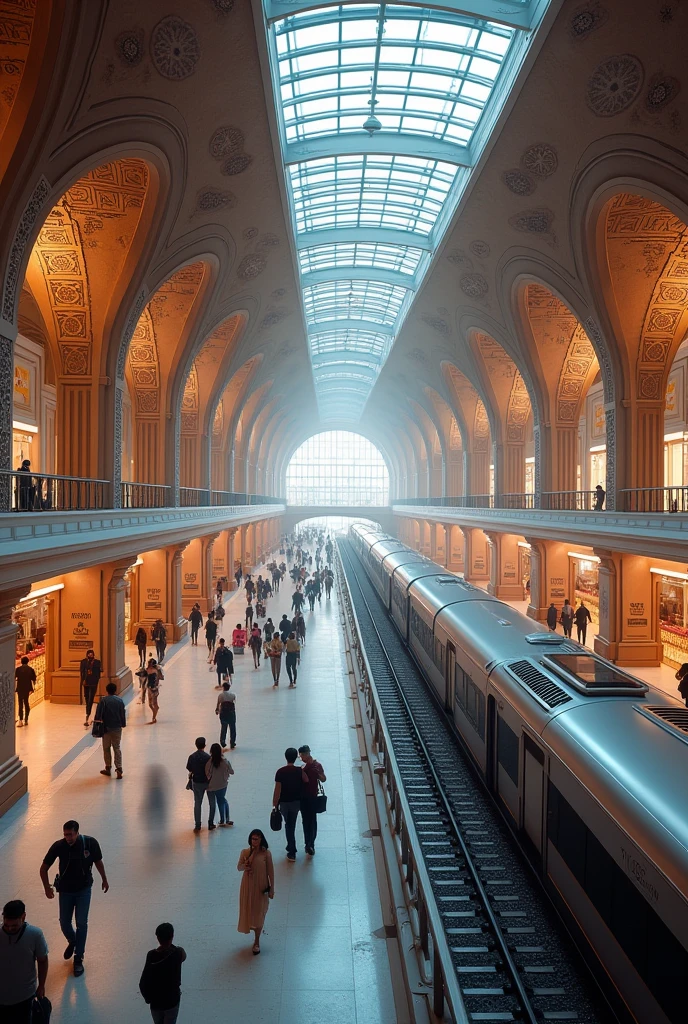 Imagine a Futuristic Railway Station with all facilities and With Indian Architecture Exterior more Lights