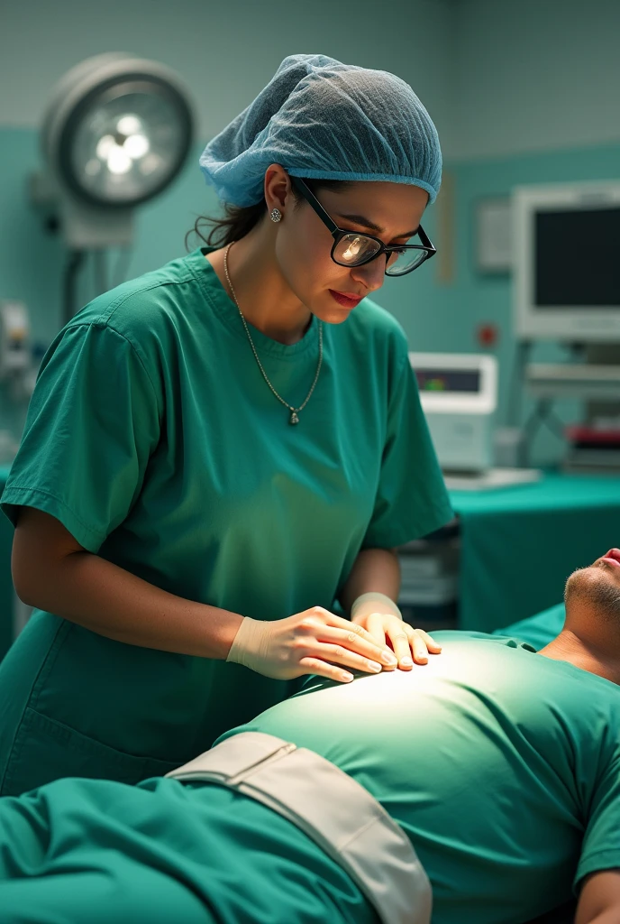 Aishwarya Rai as surgeon, wearing green scrubs, wearing surgical mask and skull cap, wearing surgical glasses, performing heart surgery on male patient, in operation theatre, fullbody view, cutting the chest with scalpel,