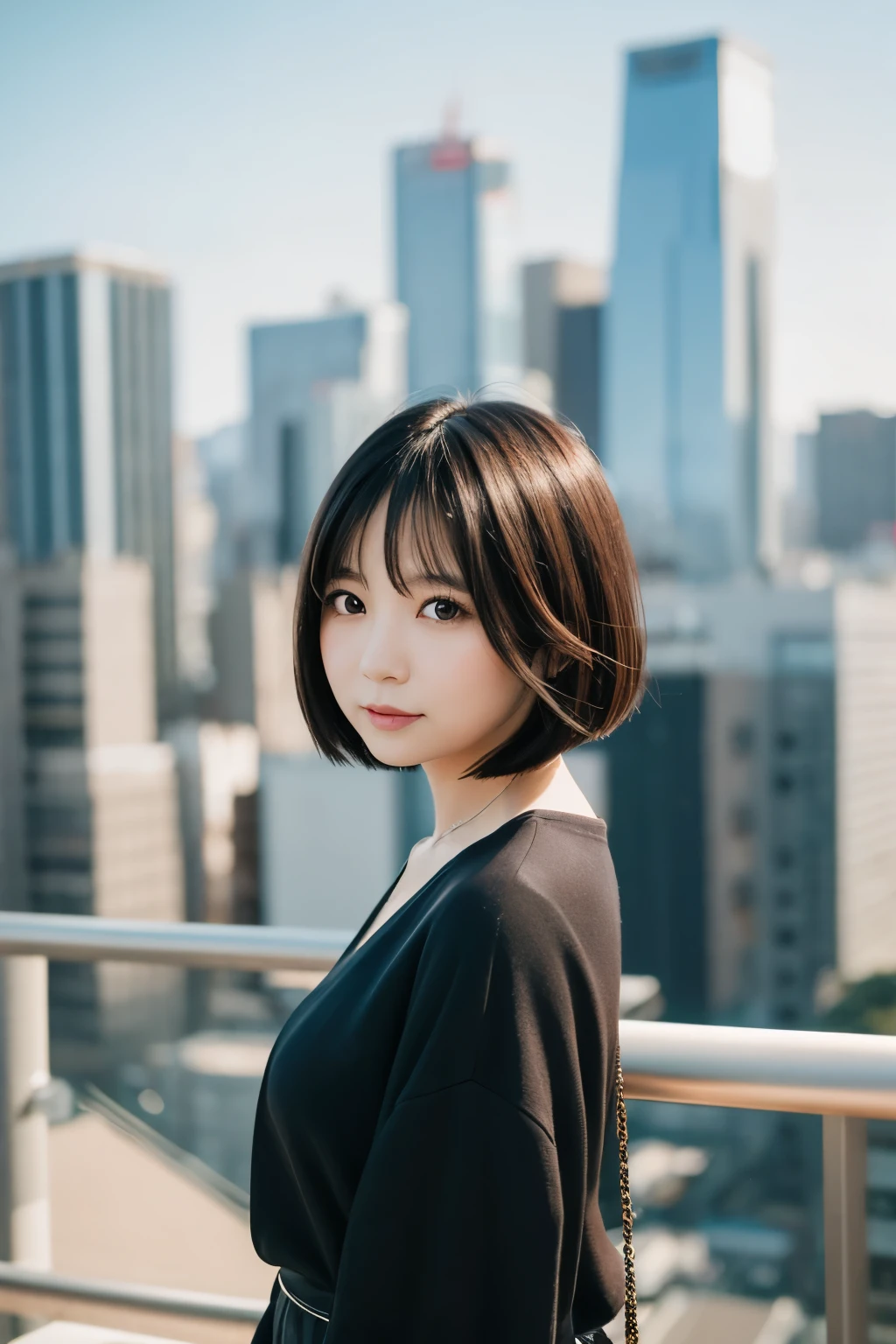 A portrait of a Japanese woman in her 20s with a nuanced bob hairstyle and natural makeup, set against a blurred cityscape background.