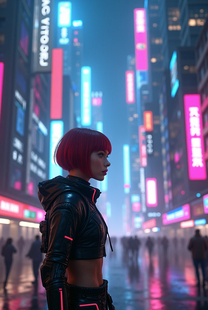 futuristic cityscape where reality starts blending with a surreal virtual environment. Emma, a young woman with short auburn hair and blue eyes, is exploring a scene where the digital world intersects with the physical. She wears a sleek, futuristic outfit with neon accents. Use vibrant neon lights and holographic projections merging with traditional city elements. Emma is depicted navigating this intersection, illustrating the initial confusion and wonder. The image should be epic and immersive, with an emphasis on hyper-realistic details and the complexity of philosophical and technological elements.