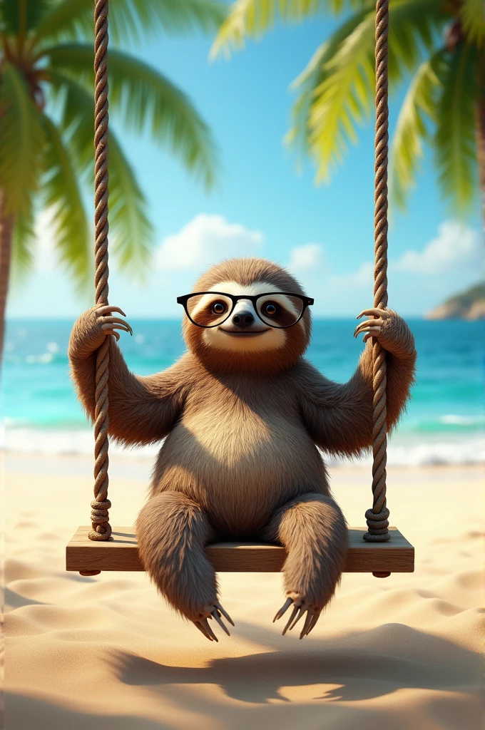 Sloth wearing glasses on swing beach