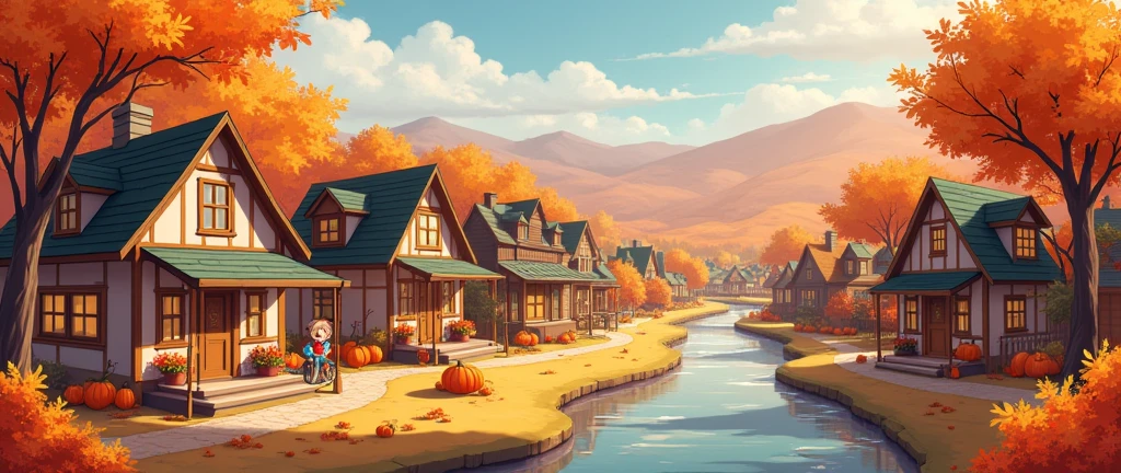 Fall Pumpkin Autumn Aesthetic,Halloween,Cute ,Town Rustic,Cozy Anime, landscape ,Rustic Orange Maple Leaf Cute Village,Scenery, river