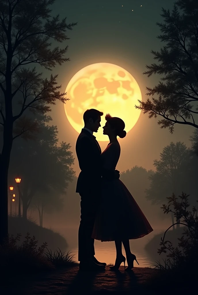 The shadow of a 1950s vintage couple during a moonlight with warm and cozy lighting