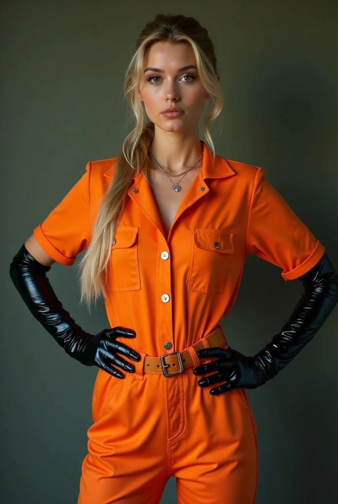 Frontal photograph of a beautiful young model with long a blonde medium length pulled back ponytail hair wearing a sexy synthetic orange prisoner jumpsuit, inmate jumpsuit, button-up, sexy view, hands holding her hips sideway, hands at her sides, wearing a tight black stylish belt, high black boots, wearing tight high black latex gloves until her elbow, sleeves, sexy pose, very attractive look, skinny, anorexia, thin and athletic body, (thin girl 1:5), short sleeves, supermodel face and body, brown eyes, long pants, hands at her front, elastane synthetic orange prisoner jumpsuit, jumpsuit made of elastic spandex, jumpsuit has 4 visible silver buttons, her belt is made of stylish leather, elastic jumpsuit, jumpsuit is not tight on body, slim, (perfect Hands), (blonde medium straight ponytail hair:1.2), (wasp waist:1.3), big heavy black stylish designer belt of leather, light blonde hair, a lot of cringles and creases on the jumpsuit, light blonde hair, sporty ponytail, short sleeves, sexy model pose, she is highlighting her but in her pose, looking at viewer like she wants sex, 70's prisoner jumpsuit, 80's orange prison jumpsuit, 90's prisoner jumpsuit, Soviet orange prison jumpsuit, knees visible, sexy pants, pants looking sexy on her legs, tight high black latex gloves, sporty style ponytail, picture starting from her knees, jumpsuit made of elastic spandex, very sexy pose, pointing out her ass, belted, long pants, button-up jumpsuit, medium length light blonde loose sleek sporty ponytail, make-upless face, short sleeves, hands at her hips,  prisoner transport belt, holding her hips in a sexy pose, gloves made of latex leather, her jumpsuit is perfectly fitting her body's contours