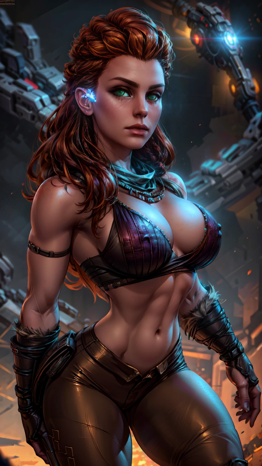 beautiful detailed eyes, beautiful detailed lips, extremely detailed eyes and face, long eyelashes, 1girl, cosplay, Kim Possible cosplays as Aloy from Horizon games, intricate detailed costume, high quality 3D render, cinematic lighting, photorealistic, hyper detailed, vibrant colors, warm lighting, dramatic pose, dynamic action, epic fantasy, human anatomy, no bra