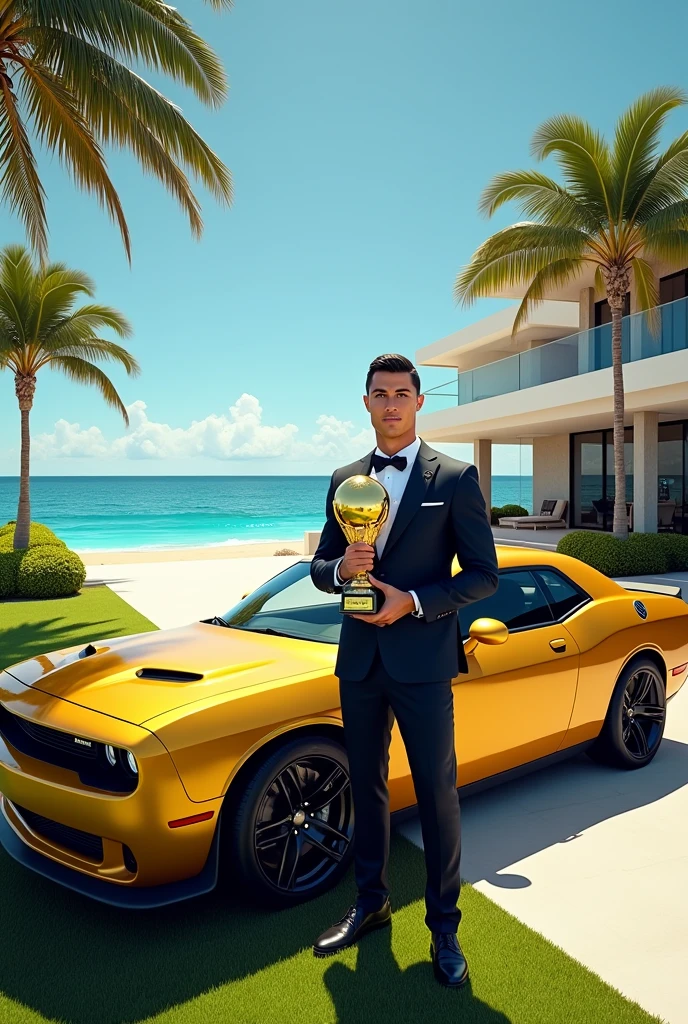 Cristiano ronaldo holding ballon dor standing next to a golden dodge challenger in a field of a luxury villa next to a beach