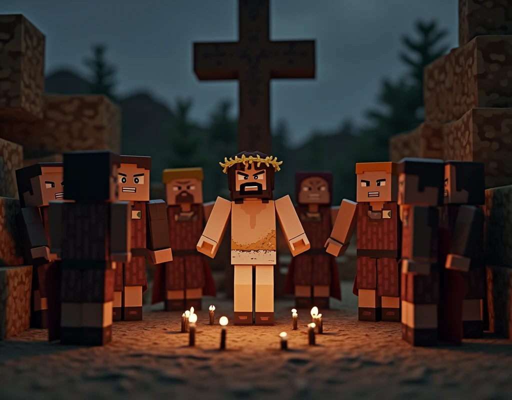 We need an image from Minecraft showing a Jesus being punished, a high quality Minecraft image.