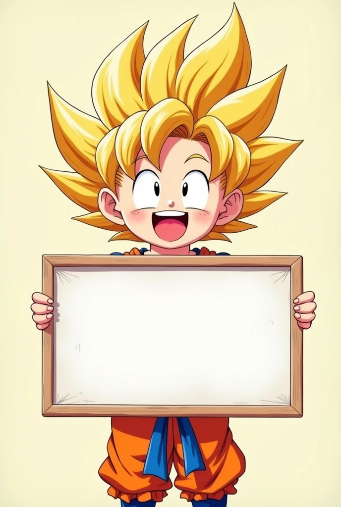 Generates an image that allows you to place a phrase in the center, For example: Smiling Dragon Ball character holding a blank elongated rectangular sign. Only the upper part of the character's body should be visible in the image, that is to say, face and arms.