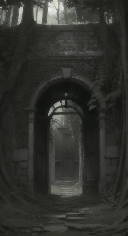 Masterpiece, best quality, overgrown plant life, Ancient, abandoned magic door in the Forest,