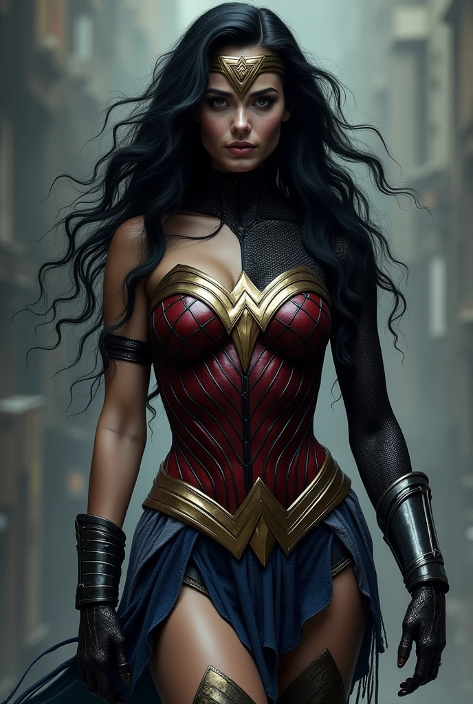 (((Simbionte Spiderman))),(((A beautiful woman with long black hair under the mantle of the Amazon warrior Wonder Woman))),(((Wonder Woman emblem on her chest))),(((corset negro))),(((Long black boots up to her knees))),(((With Symbiote skin running all over his skin))) Black metal bracelets))),(((Simbionte Spiderman))),(((Wonder Woman emblem on her chest)))