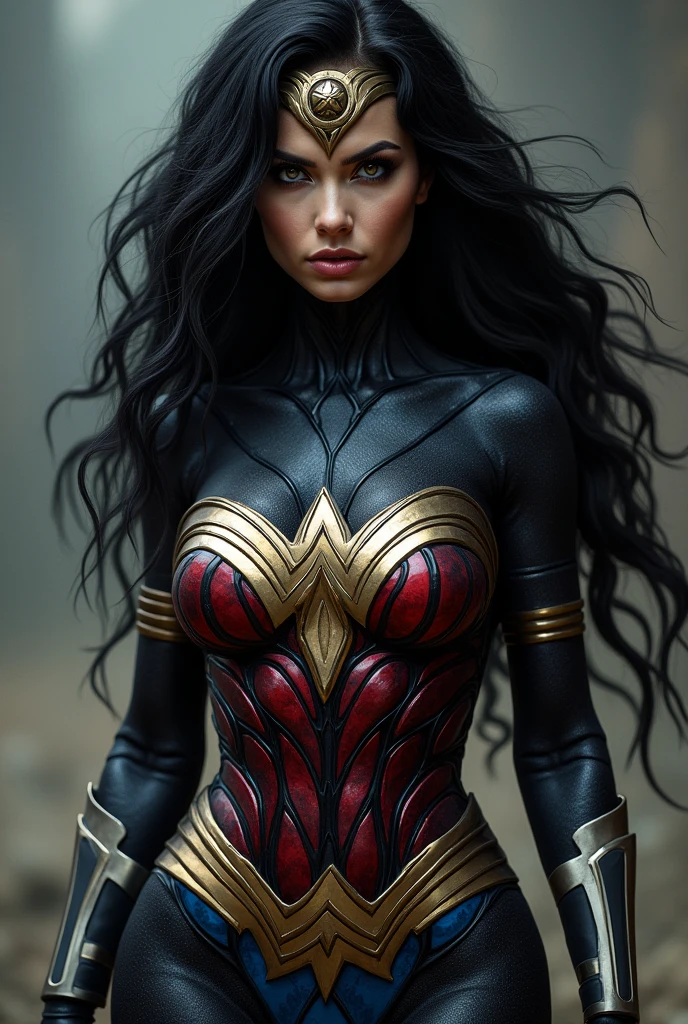 (((Simbionte Spiderman))),(((A beautiful woman with long black hair under the mantle of the Amazon warrior Wonder Woman))),(((Wonder Woman emblem on her chest))),(((corset negro))),(((Long black boots up to her knees))),(((With Symbiote skin running all over his skin))) Black metal bracelets))),(((Simbionte Spiderman))),(((Wonder Woman emblem on her chest)))