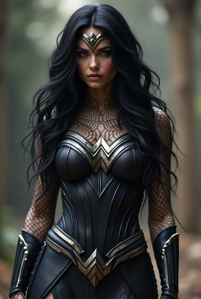 (((Simbionte Spiderman))),(((A beautiful woman with long black hair under the mantle of the Amazon warrior Wonder Woman))),(((Wonder Woman emblem on her chest))),(((corset negro))),(((Long black boots up to her knees))),(((With Symbiote skin running all over his skin))) Black metal bracelets))),(((Simbionte Spiderman))),(((Wonder Woman emblem on her chest)))