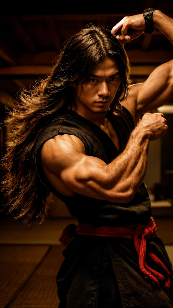 Young Samurai, please stretch your arms, Hold a sword in each hand, Realist:1.3,( fPhoto, Realist, 8k, RAW Photos, Premium Quality, masterpiece, Great lighting, Centered Images), (Dynamic Movement, Dynamic Fighting,), (2 Knives), Fight with two swords, whole body, (Disheveled brown long hair), (Handsome Japanese young man, 1, Be confident、Trained muscles., Wildman and his body in perfect detail), View your viewers, cyber punk, Warrior, Tokyo, Shibuya Ward,
