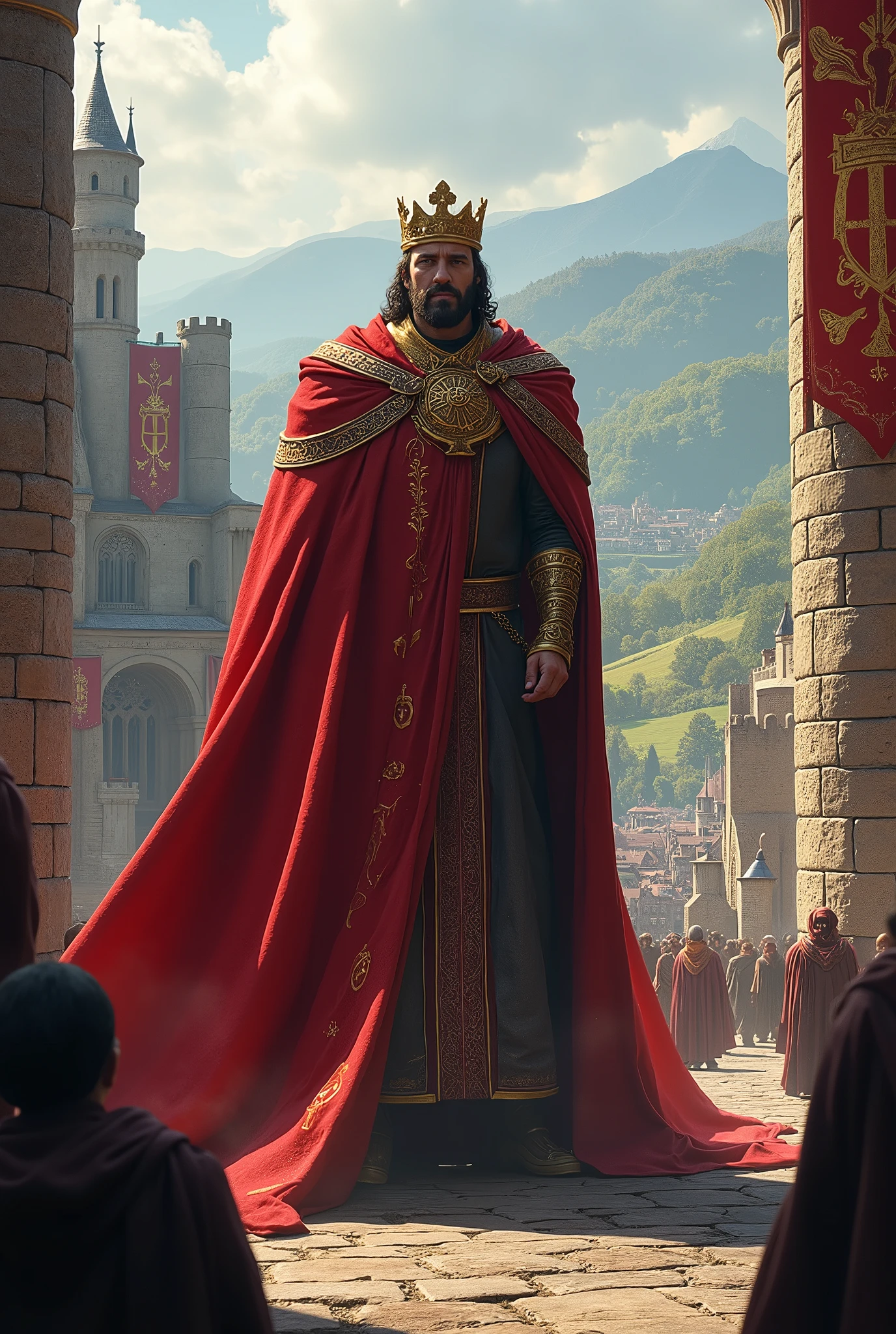 I would like an image in a medieval kingdom with a king above all