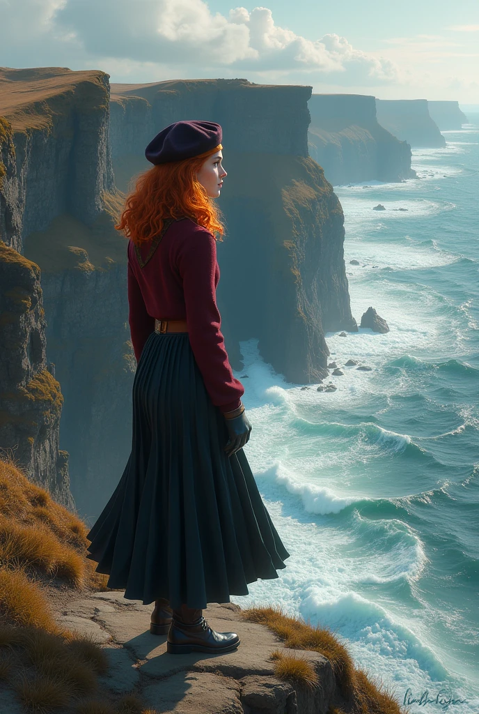 A woman with wavy red hair, with a scarf and beret and a burgundy sweater and a long Scottish skirt at the back, Walking along the edge of an abyss, contemplating the view of the ocean, in winter