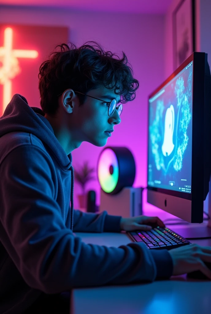 A young man with medium curly hair and round glasses playing on a pc with rgb