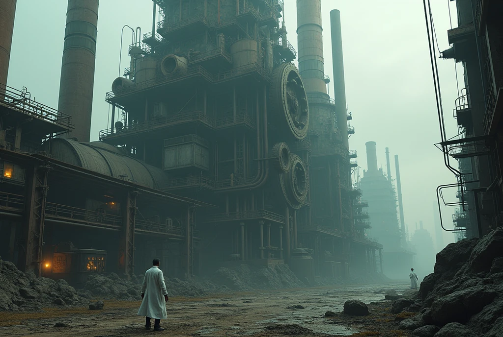 a steampunk factory, large gears and machinery, nuclear reactors, atomic bombs, scientists in lab coats, toxic waste, post-apocalyptic landscape, dark and gritty atmosphere, muted colors, dramatic lighting, highly detailed, 8k, cinematic, dramatic composition, chiaroscuro lighting, atomic energy, industrial revolution, complex mechanical details, intricate design, sense of scale and grandeur