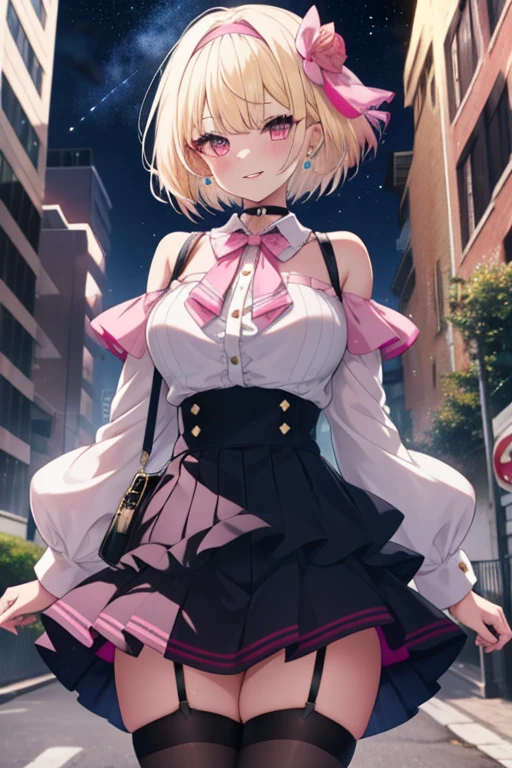 One girl, alone, Blonde, Scene hair, Barrette, (Pink stripes), Two-tone hair, Striped Hair, short hair, Off-the-shoulder shirt, Outdoor, Cityscape, Starry Sky, flower, head band, jirai kei, Bare shoulders, mini skirt, Checked skirt, garter belt, Earrings, Thick lips, Pink Eyes, Layered Hair, Huge breasts, Long sleeve, Thick thighs, (anime:1.2), Blunt Bang, eye make up, choker, bow tie, Are standing, Handbags, pearl Earrings, Cowboy Shot, Tilt your head, smile,