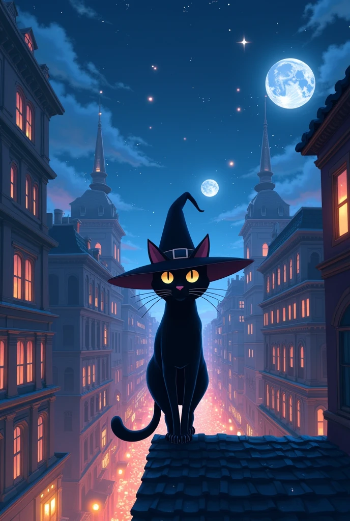 Create an ultra-delicate AI, with great image encryption, in which a black cat wearing a witch&#39;s hat is walking across the rooftops of a busy city, the night, where several lights of different colors are sparkling, with tall and low buildings, streets, and a beautiful, fictional sky with three moons, the image must be of anime category, the cat has to be facing forward 