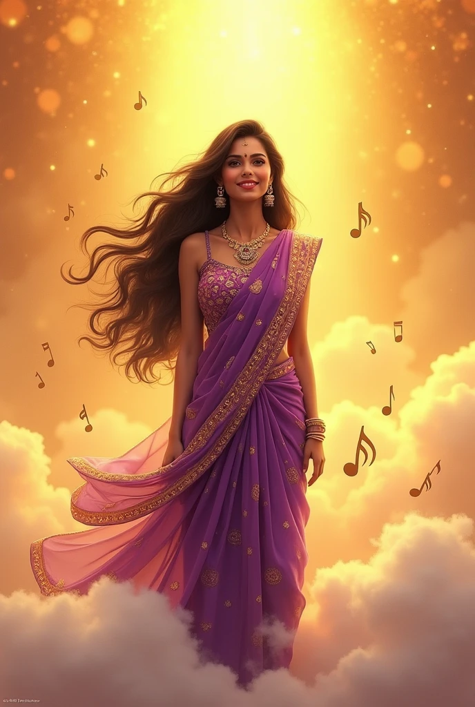 A realistic of a song thumbnail with the text "Meri Devika". There's a beautiful and gorgeous indian woman with long hair wearing a purple printed design Salwar Suit and a peacock earrings. Normal smile and she was centre. She is standing on a cloud with a golden background. There are musical notes floating around her. The overall image has a golden hue.