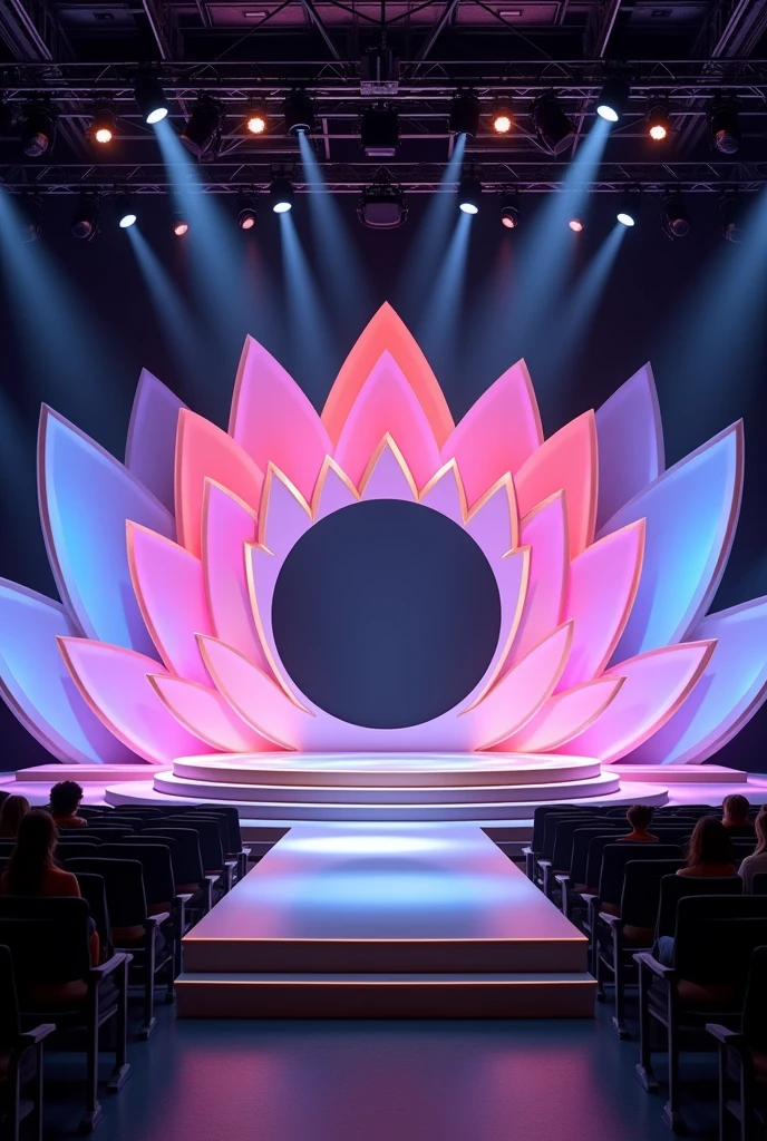 Create a front stage design with a small runway for pageantry with not a round LED screen inside a big flower petal motif, with LED screens and beam lights in the ceiling