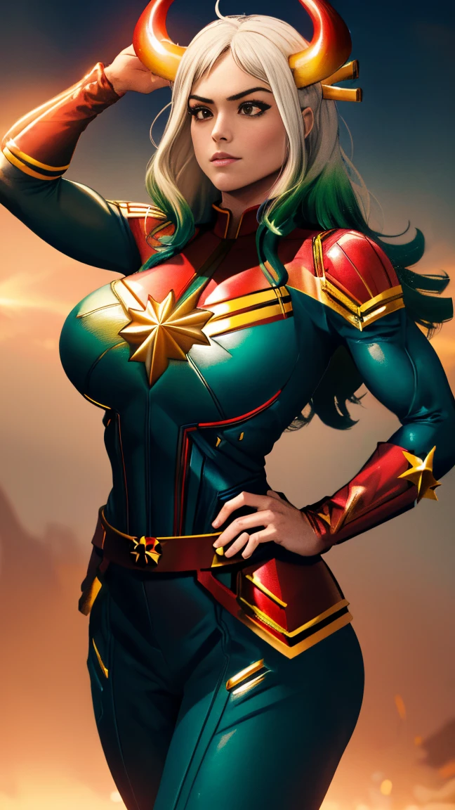 Foto de corpo inteiro, Yamato cosplay captain marvel, (best qualityer:1.3), sultry posing, captain marvel, (demon girl), very huge breasts, seductiv, sexly, white hair with light green tips, horn with red tips