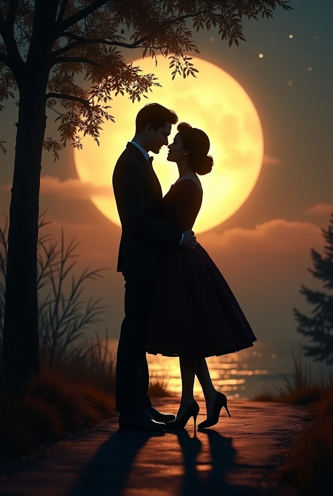 The shadow of a 1950s vintage couple during a moonlight with warm and cozy lighting