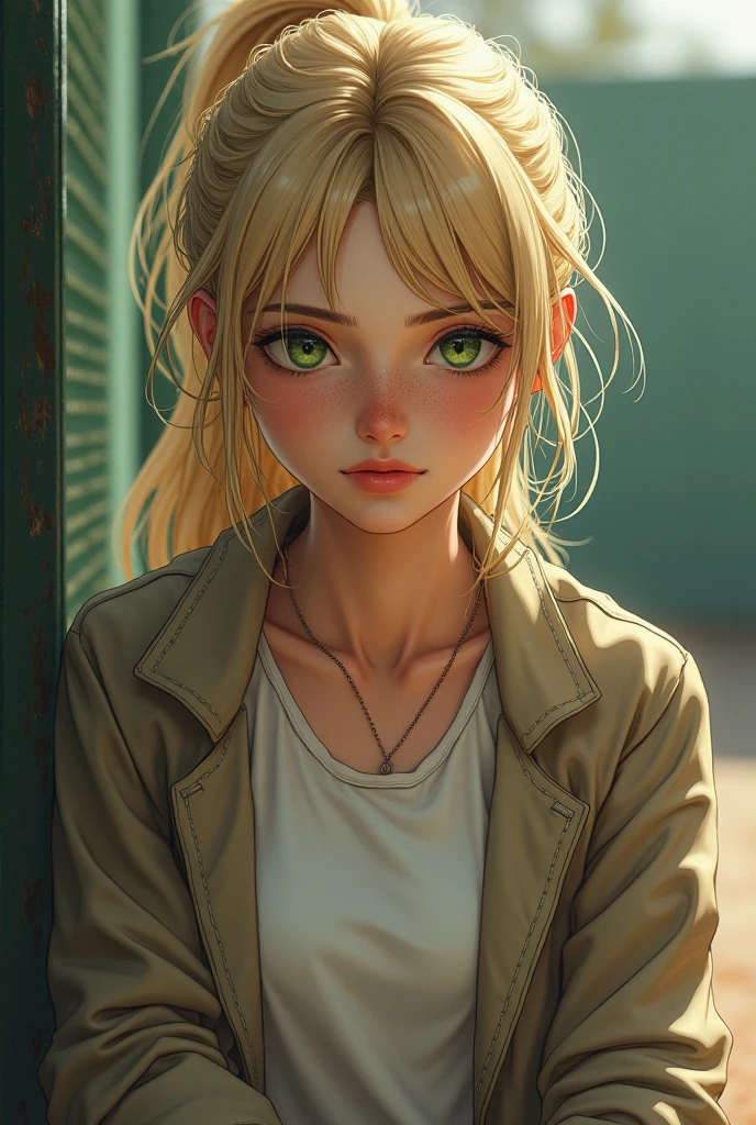 A girl who looks old wears , tennis , coat ,green eyes and blond hair with freckles and a mole