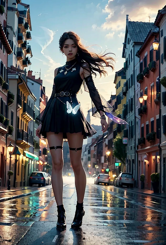 ultra realistic photo, natural light, realistic, highly detailed, photography, expressionless, realistic photo, (dark fantasy), (Awesome concept art), (Detail Splash), long black hair, blue eyes, girl, pure black dress, Color only, The sleeve ends and skirt part are dark red.., A sparkling diamond belt around the waist, There is a red butterfly hairpin next to the ear..., masterpiece, best quality, high quality, red and black crystal necklace, black knee socks, dark clouds, Lightning with a flash, thunderbolts,