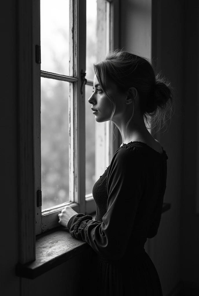 Photos of a melancholic woman looking out a window, black and white antique atmosphere