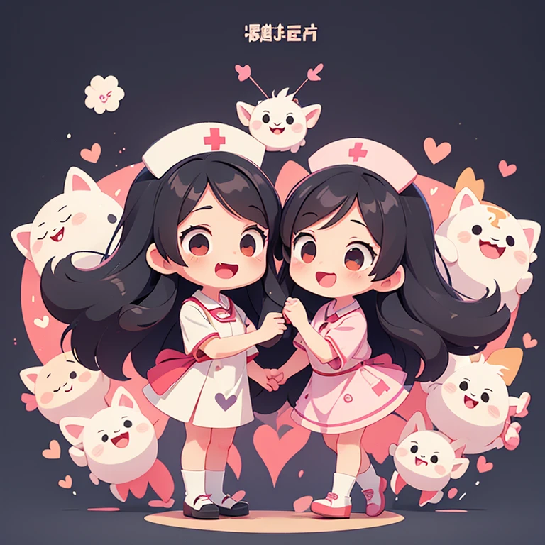 1people、Happy atmosphere,Cute Style,Cute cartoon,round background,masterpiece Long black hair Cute Characters Anime Style The whole body is visible Charm High resolution delicate nurse