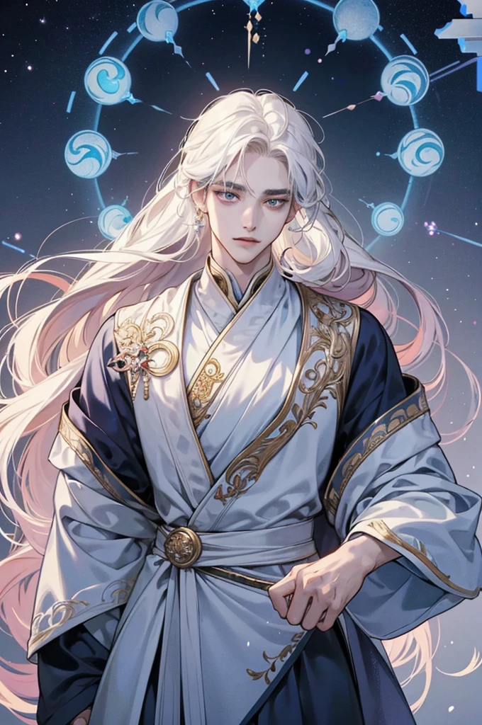 Image 1 man. Appearance: Gender: Male Build: Body building and tall Hair: White, perhaps with a slight ethereal glow Face: Beautiful and delicate features, reminiscent of K-pop idols Eyes: Piercing and mysterious Clothing: Elegant, flowing robes with intricate embroidery Personality: Enigmatic and reserved Possesses magical abilities related to light or celestial energy